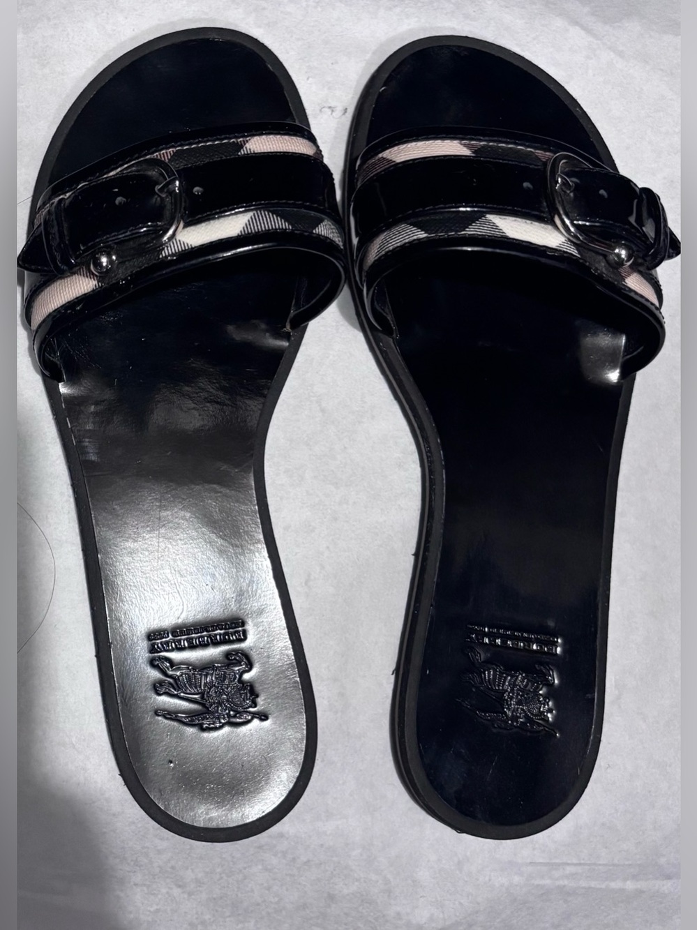 Burberry Black Patent Slide Sandals with Signature Check Strap